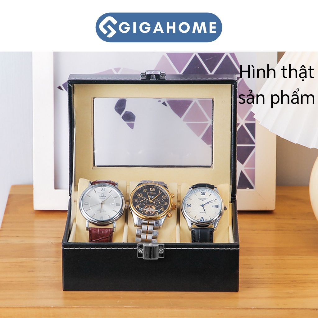 Hộp Đựng, Trưng Bày Đồng Hồ GIGAHOME 3 Ngăn, Bọc Da Pu Có Kính Trong Suốt, Khóa Chốt 1005