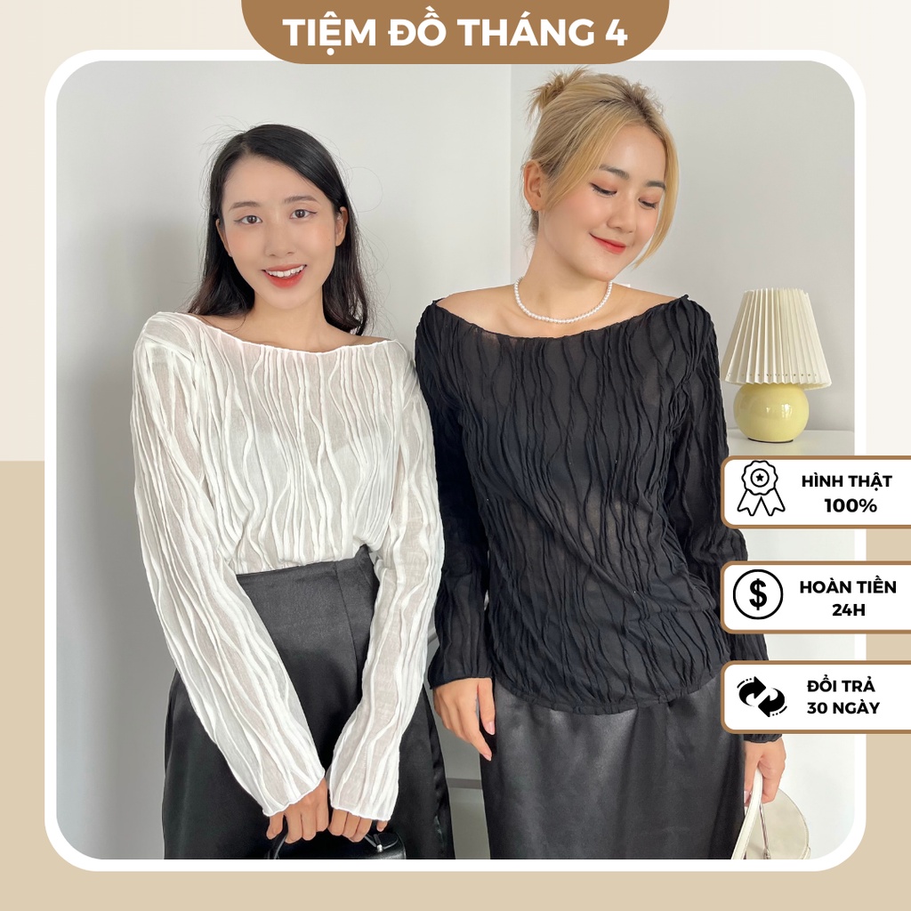 Áo Trễ Vai Nữ Trắng Đen Dập Nổi Phối Váy Dài, Áo Kiểu Nữ Trắng Đen Dập Nổi Phối Váy Dài Sang Chảnh Mới 2022 - MOLISA TOP