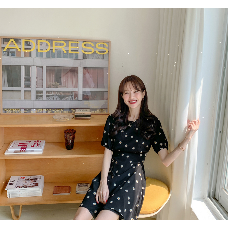 SUXI Đầm họa tiết hoa cúc thời trang hè tay ngắn dành cho nữ