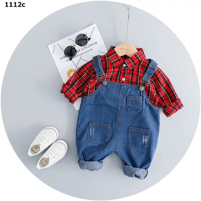 Set đồ bé trai bé gái yếm jean + áo sơ mi