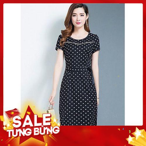 Đầm ôm công sở kiểu đầm chấm bi đính nơ eo phối ruy băng -Hàng nhập khẩu
