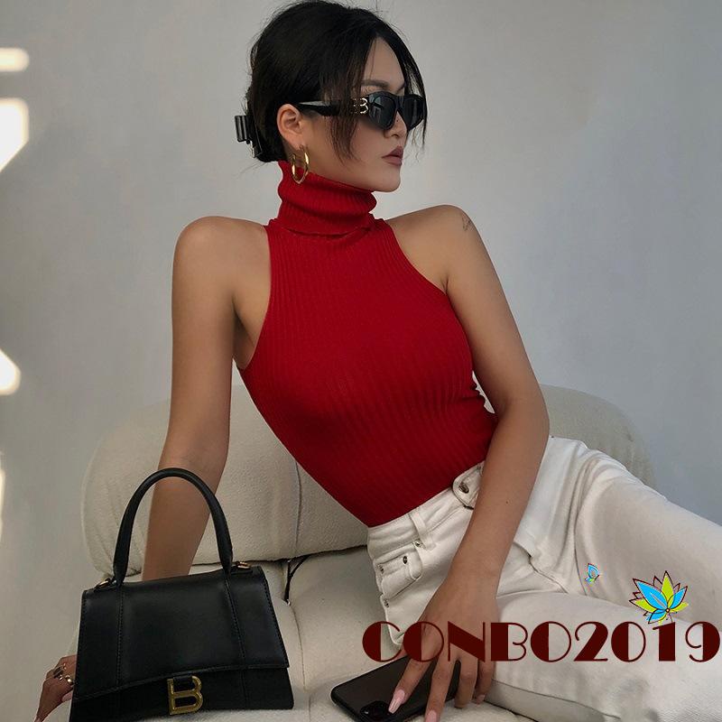 Áo Tank Top Dệt Kim Cổ Cao Không Tay Màu Sắc Đơn Giản Cho Nữ