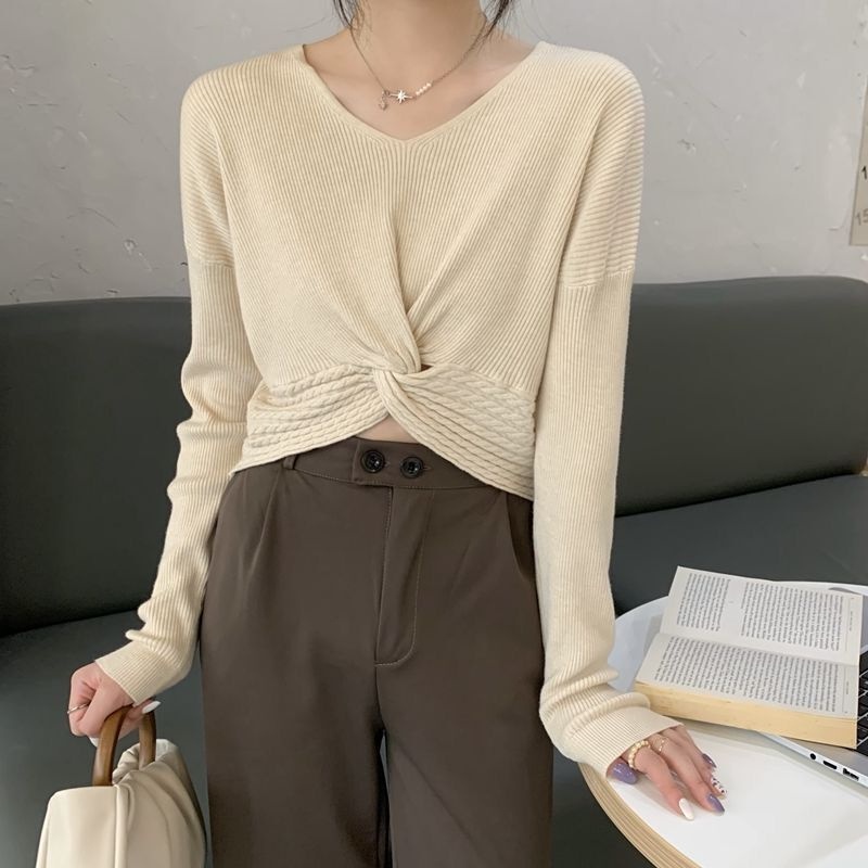 Áo sweater ZHELIHANGFEI tay dài cổ chữ V eo cao quyến rũ dễ phối đồ