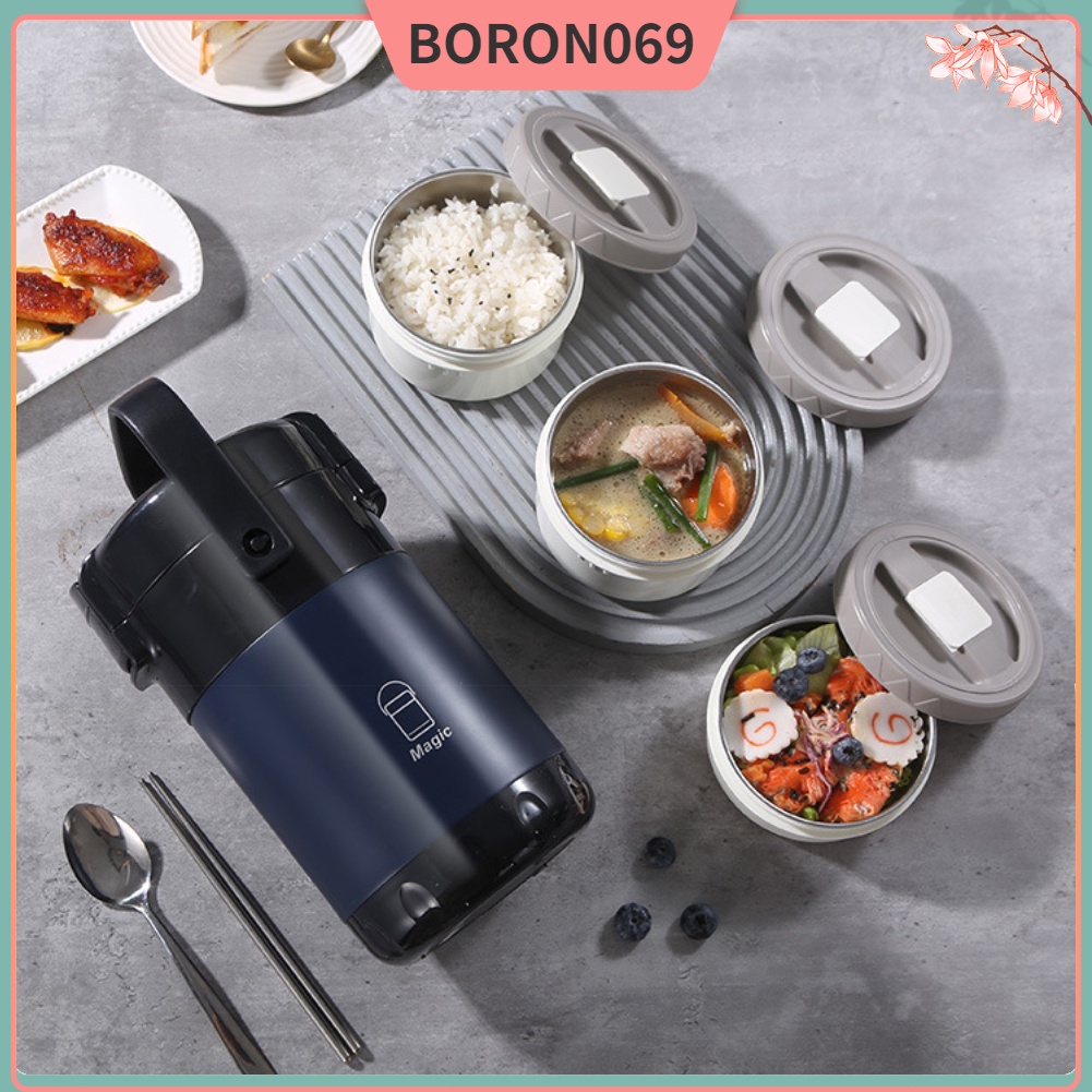 Hàng giao ngay 2.6L Hộp đựng thức ăn nhiệt Thép không gỉ 304 4 lớp Hộp cơm Bento hút chân không với Xử lý cho Trường học / Làm việc / Du lịch