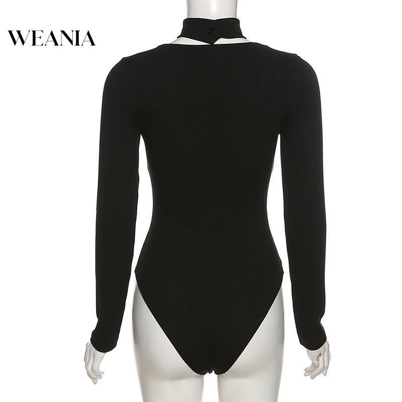 Jumpsuit WEANIA tay dài phối lưới thiết kế cổ chữ u quyến rũ