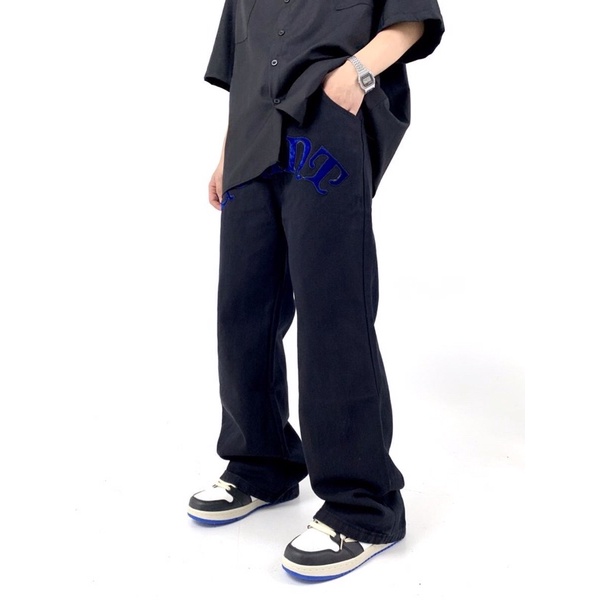 Quần Jean thêu hình con dơi xanh/ quần jean nam nữ ống đứng