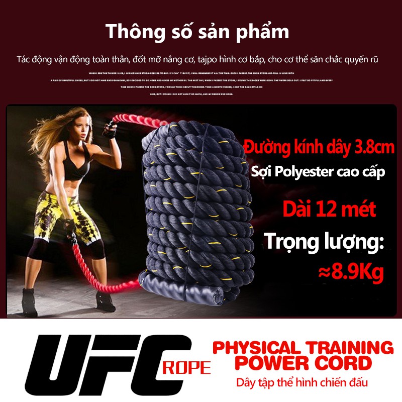 OT105 Thể hình Dây thừng tập gym dây thừng chiến đấu dây tập thể lực rèn cơ bắp dày 38mm * Dài 12 mét (Tặng bảo hộ)