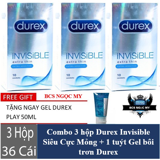 Combo 3 hộp Durex INVISIBLE SIÊU MỎNG + 1 chai gel Bôi Trơn Durex Play 50g