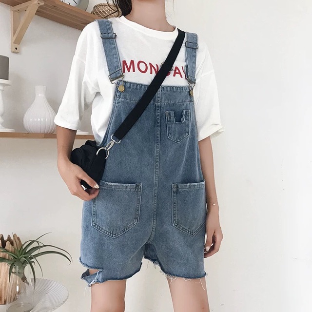 (Order-ảnh thật) có bigsize Quần yếm jeans lửng rách đùi phối 2 túi ullzang 2019 | BigBuy360 - bigbuy360.vn