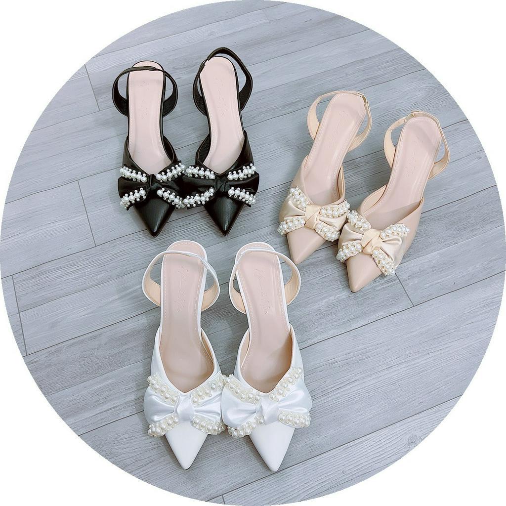 GIÀY SANDAL CAO GÓT MŨI NHỌN NƠ LỤA NGỌC GÓT NHỌN 7P DA LÌ