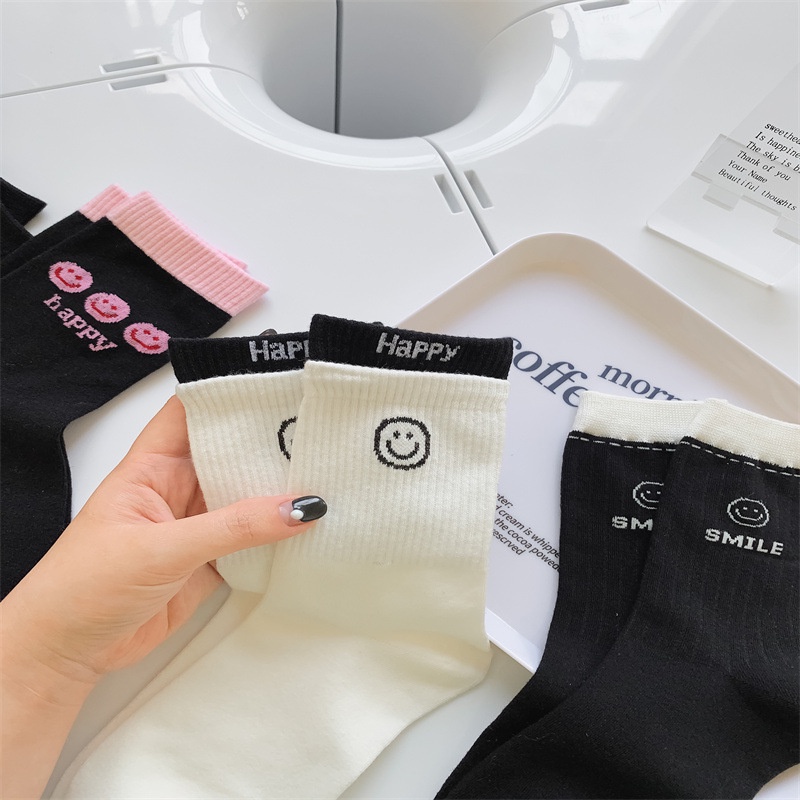 Vớ tất mặt cười happy viền cổ màu
