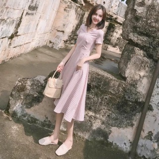 ĐẦM MIDI HỒNG CARO CỔ V (KÈM HÌNH THẬT)
