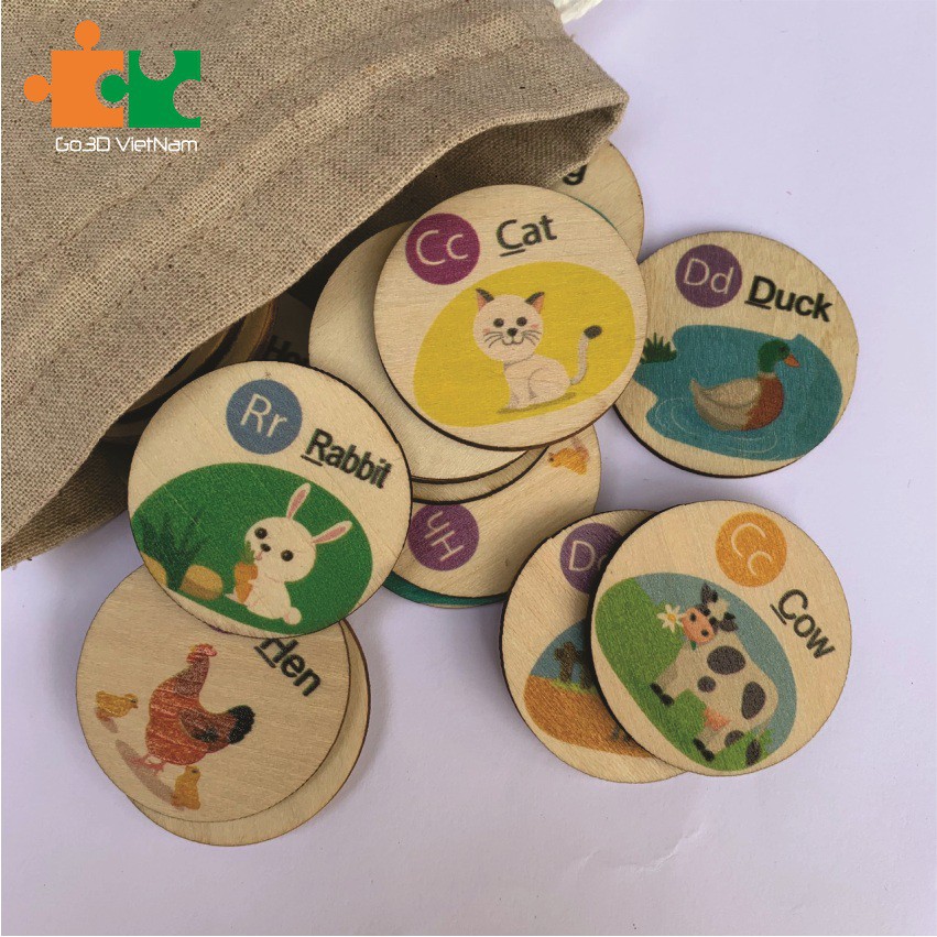 Trò chơi tìm cặp đôi bằng gỗ, tìm cặp hình giống nhau, Memory game-hình các con vật trong nông trại