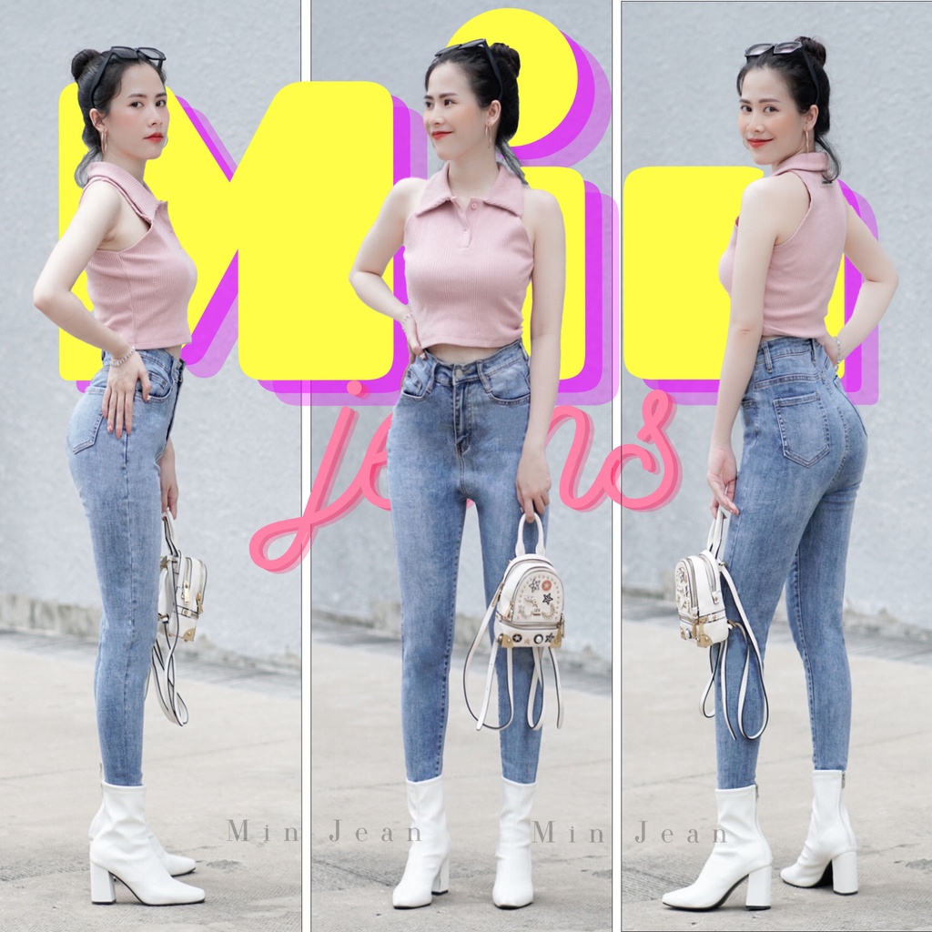 Quần Jean Nữ Skinny Basic Co Giãn MINJEAN M02, Quần Bò Cạp Cao Dáng Ôm Trơn Dài