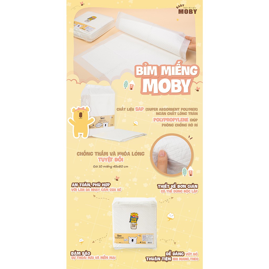 Miếng lót thay tã bỉm Moby Baby chống thấm cho bé sơ sinh 10 miếng - Monnie Kids