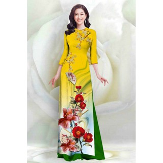 SÉT ÁO DÀI LỤA TRUYỀN THỐNG IN HOA SỨ QUẠT 4D