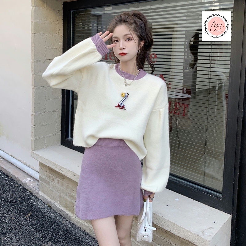 Set áo + chân váy nữ mùa thu đông chất vải len dệt mềm xinh xắn phù hợp công sở dự tiệc