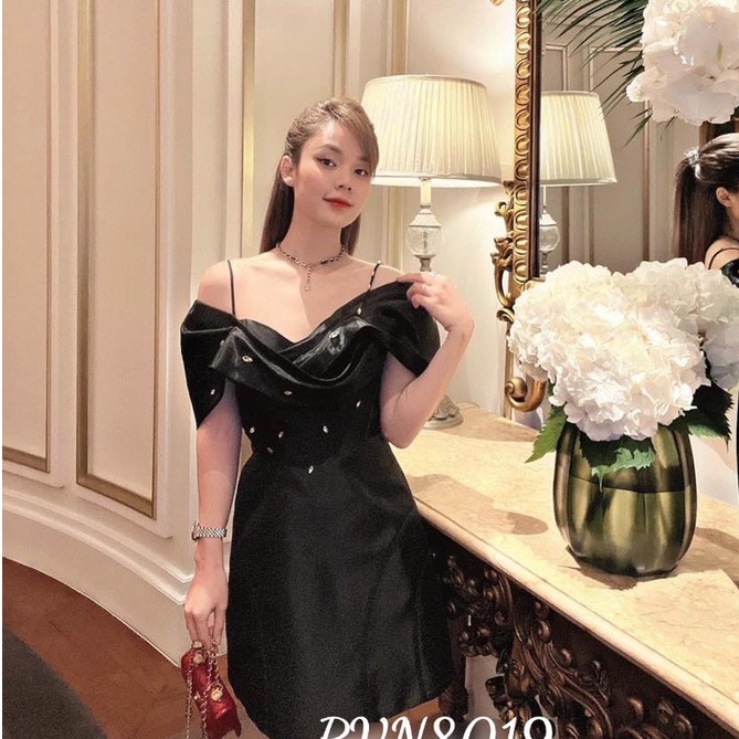 Đầm thiết kế, đầm dự tiệc 2 dây trễ vai đính đá xinh xắn