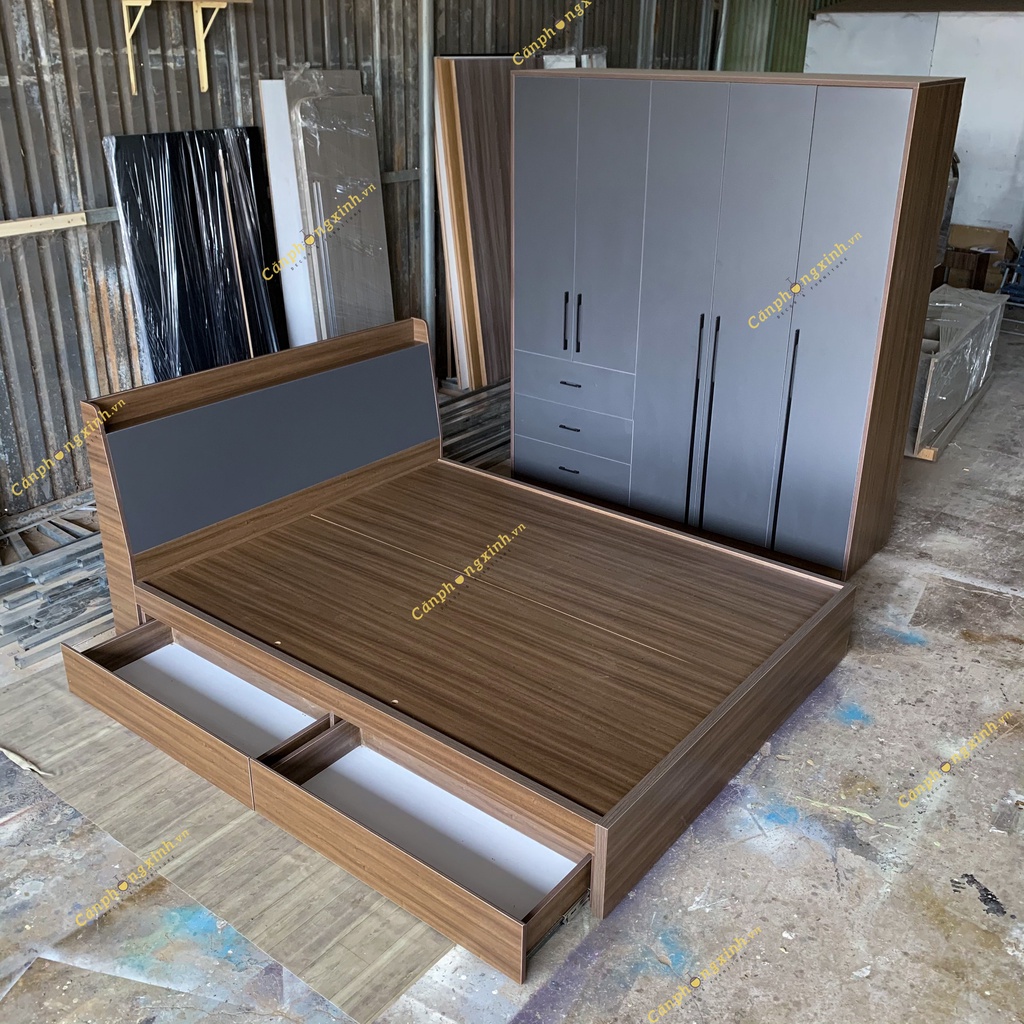 Giường ngủ gỗ MDF CPX-G48, giường đầu kệ có 2 hộc kéo full giường