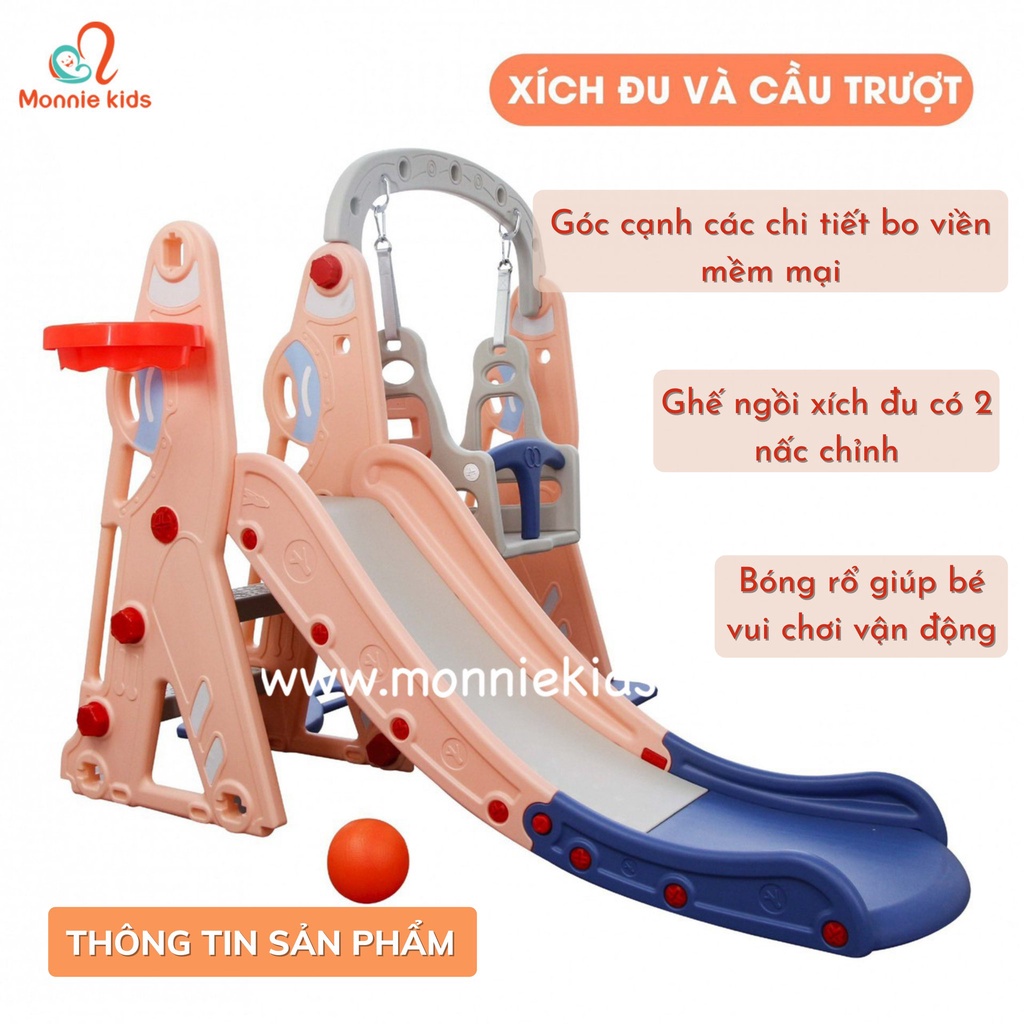 Cầu trượt xích đu cho bé Toys House, cầu tuột đồ chơi kèm khung bóng rổ - Monnie Kids