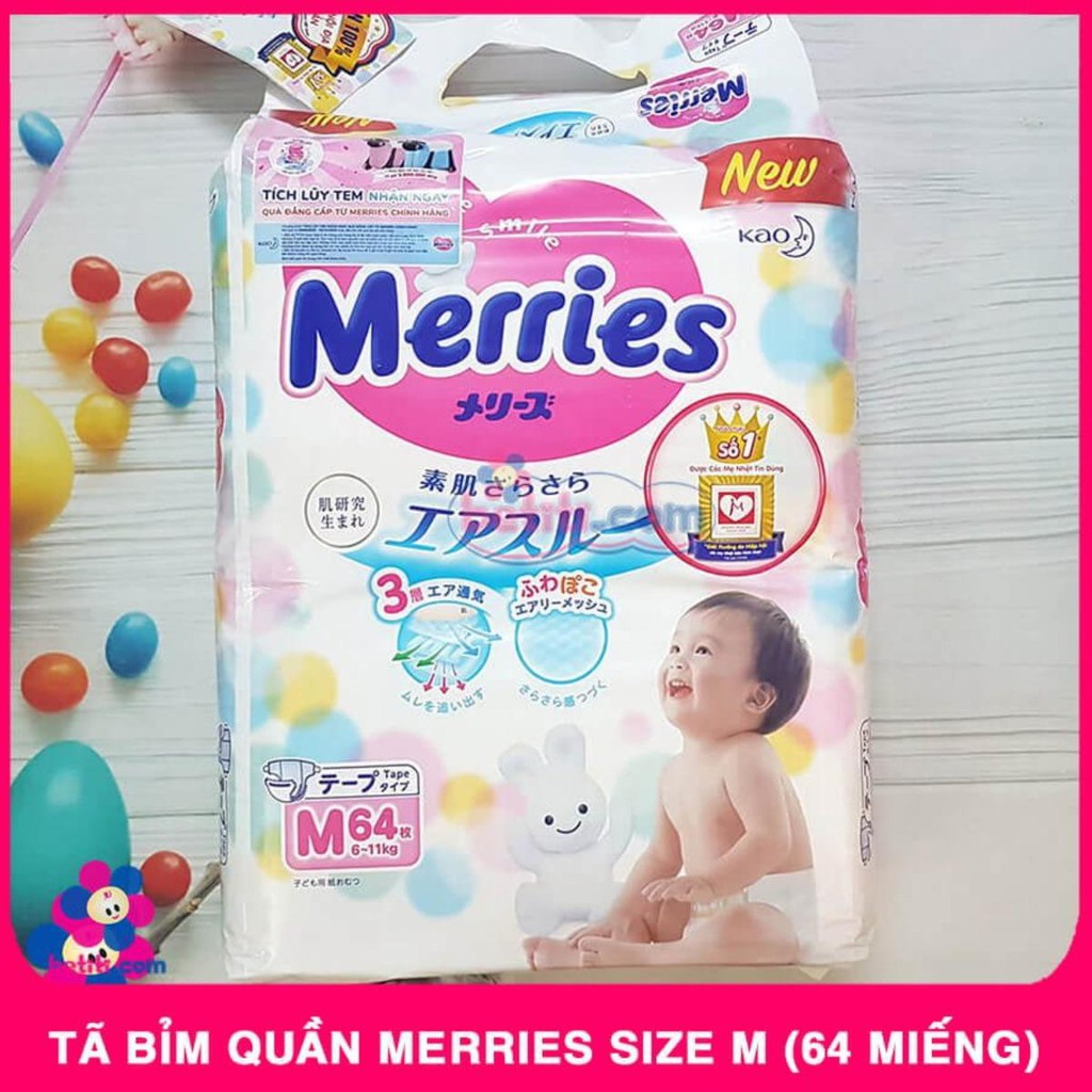Bỉm / Tã dán Merries size M 64 miếng (cho bé 6-11kg)