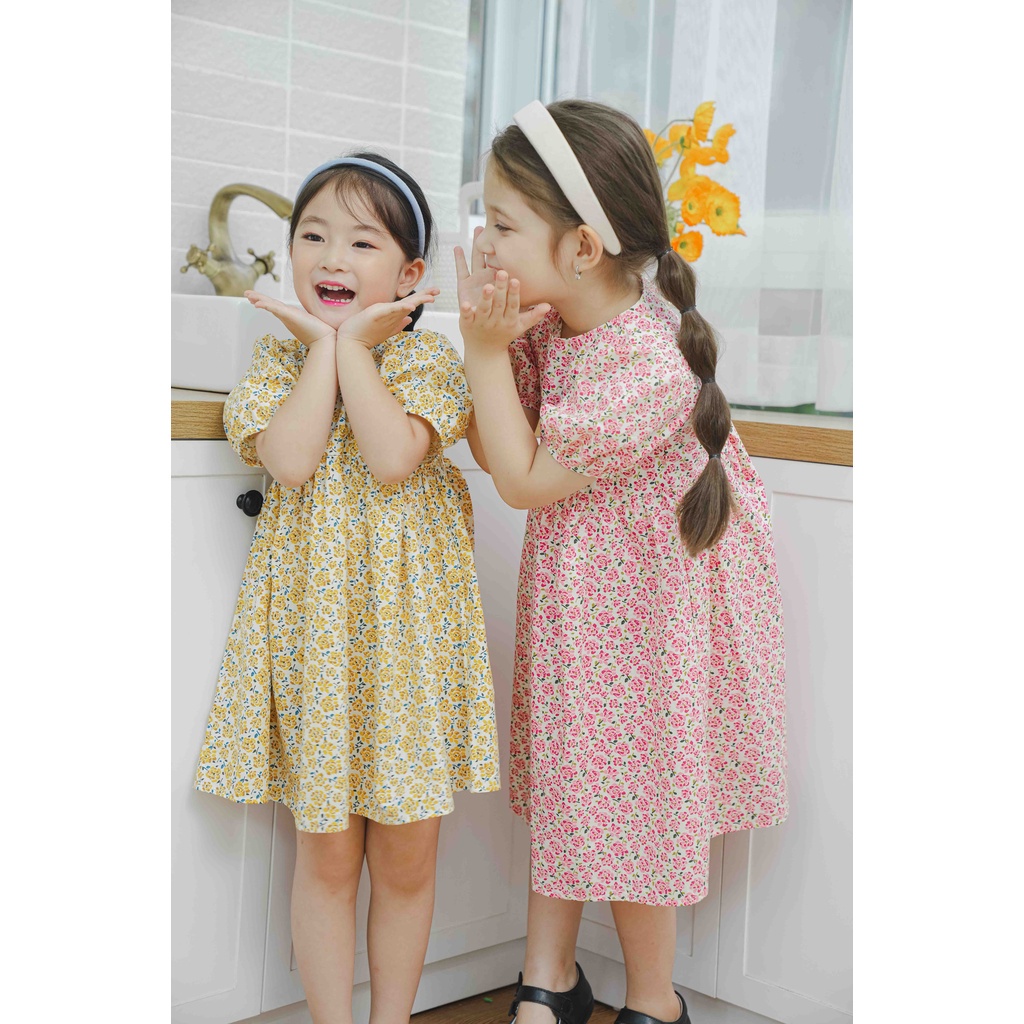 Váy babydoll cộc tay vải thô hoa nhí CRABIE bé gái - Jolie dress - Hoa nhí hồng