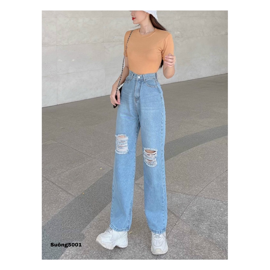 [ VIDEO+FREESHIP ] QUẦN JEANS ỐNG RỘNG NỮ LƯNG CAO RÁCH 2 MẢNG VUÔNG GỐI MÀU XANH NHẠT LAI CUỐN XỊN SÒ CAO CẤP HADI HOT