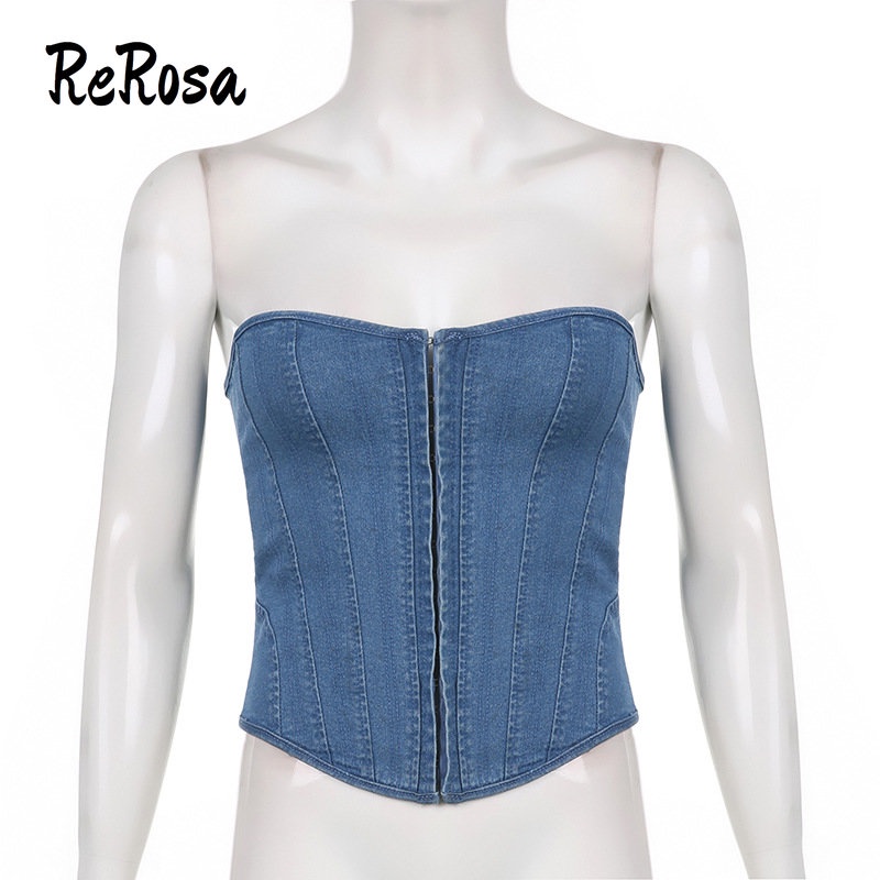 Rerosa Áo Denim Hai Dây Dáng Ôm Gợn Sóng Màu Trơn | BigBuy360 - bigbuy360.vn