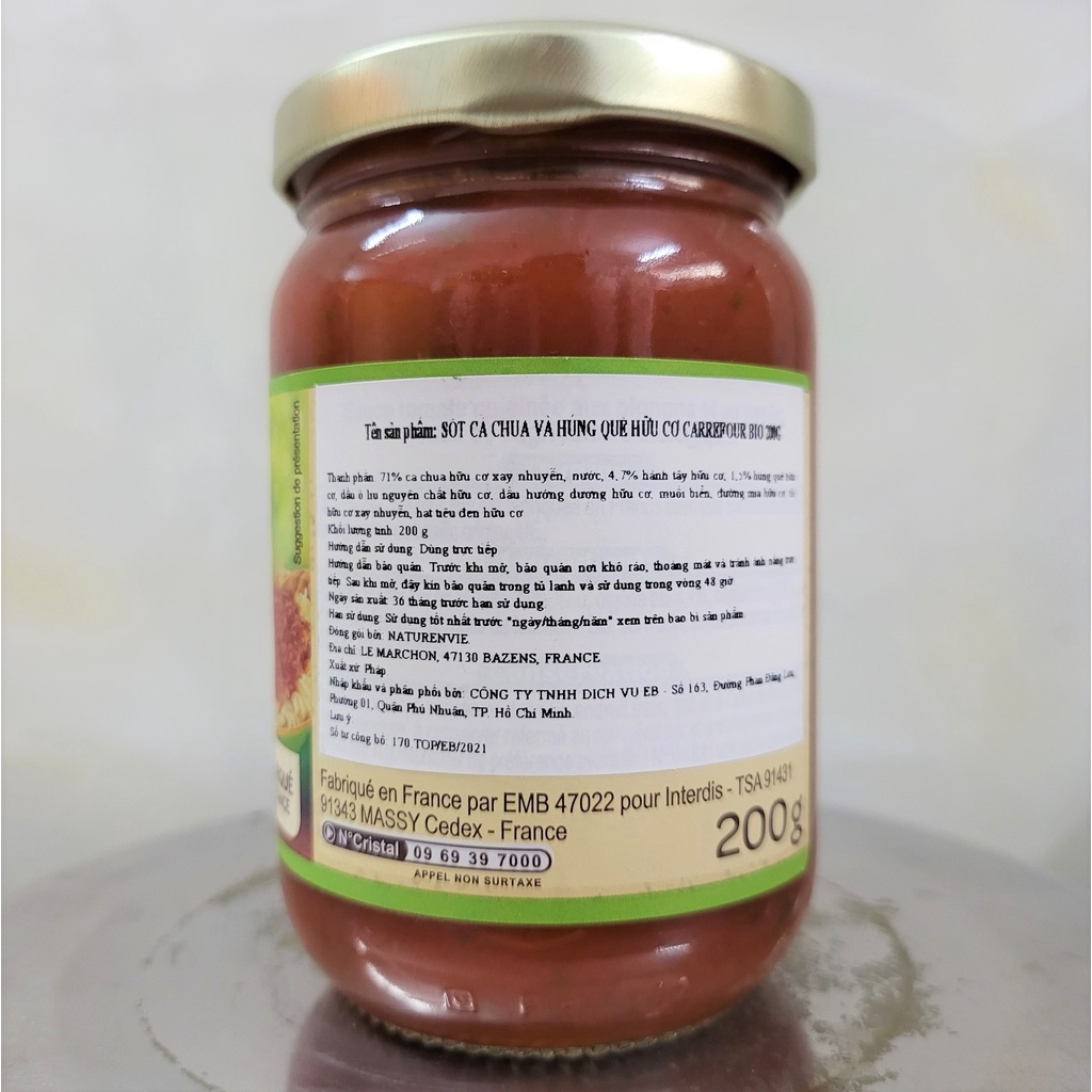 [Lọ 200g] [Organic] XỐT CÀ CHUA VÀ HÚNG QUẾ HỮU CƠ [France] CARREFOUR BIO Tomato &amp; Basil Sauce (atp)
