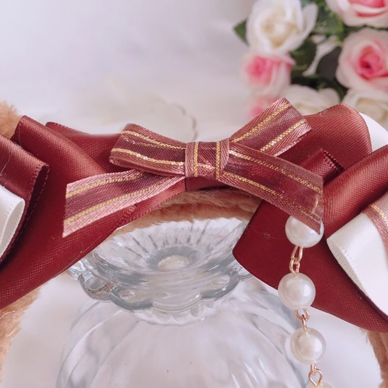 Cài tóc tai gấu bằng vải lông trang trí nơ và chuỗi hạt ngọc trai nhân tạo lolita dễ thương cho tiệc hóa trang anime