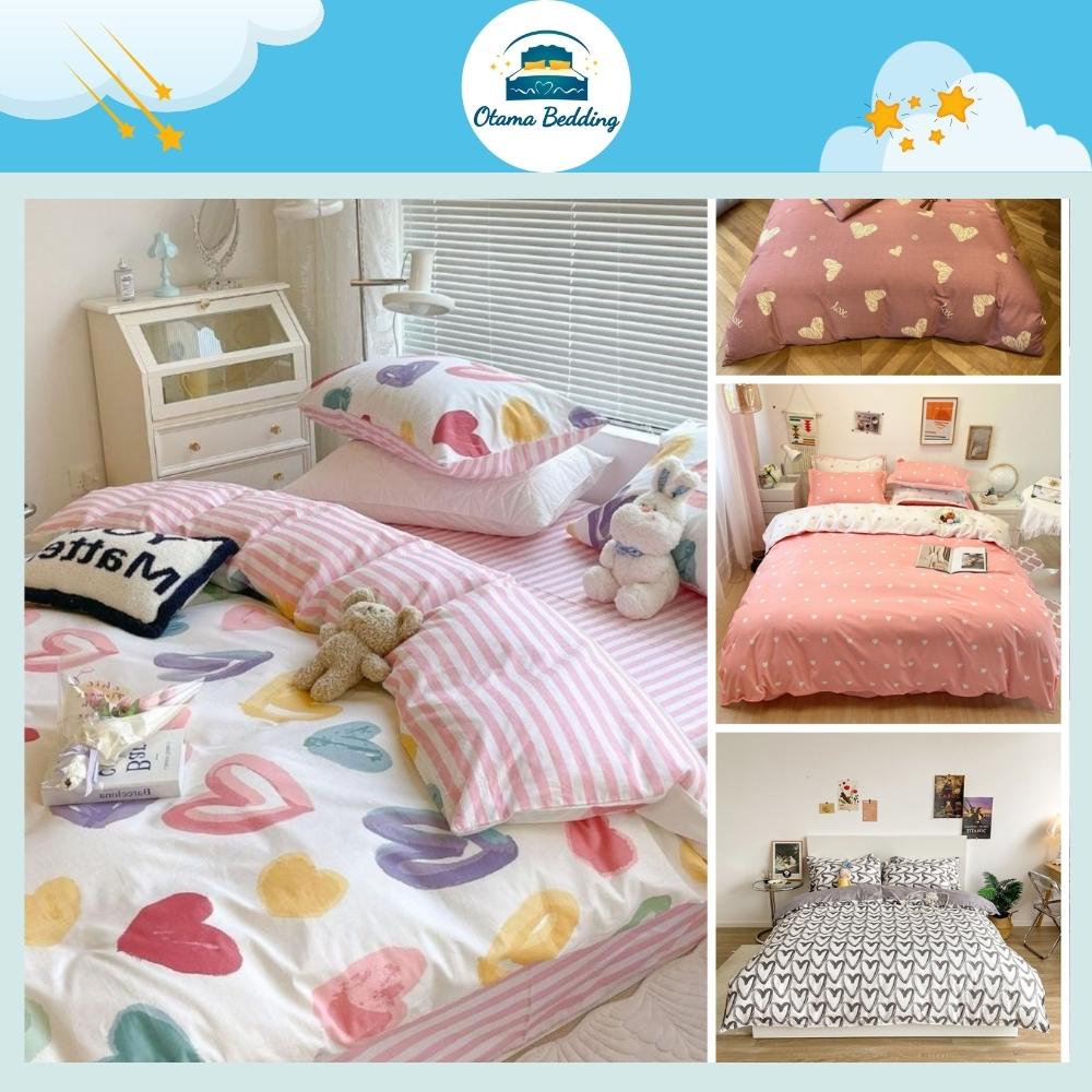 Bộ chăn ga gối 4 món kèm vỏ gối cotton poly trái tim vintage , Bộ ga gối drap giường bo chun - Otama Bedding