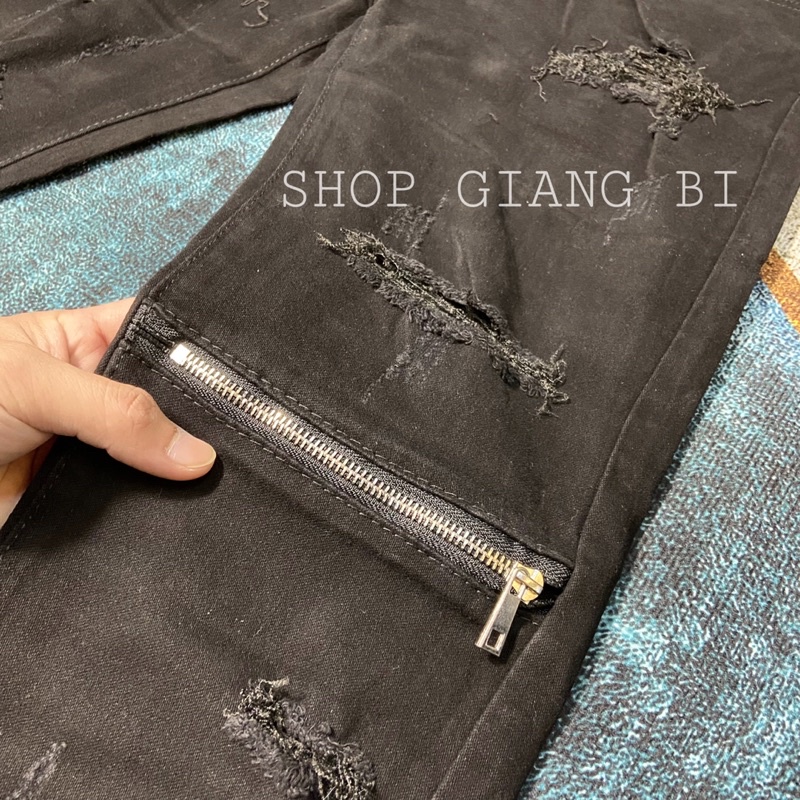 Quần jean trơn phối khoá ngang đùi,quần bò nam phối khoá zip ngang gối rách xước đơn giản