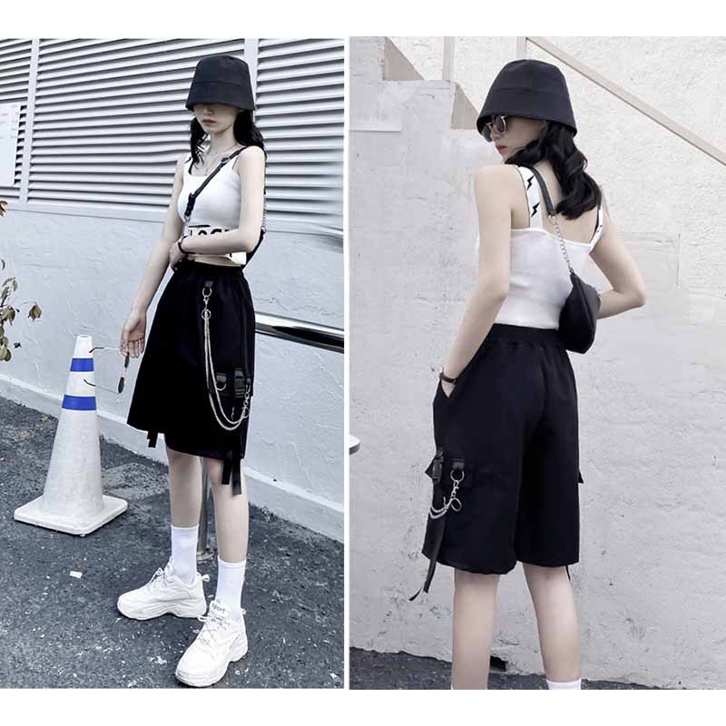 GIÁ SẬP SÀN  Quần Short Đùi Kaki Nam Nữ Phối Dây Xích Form Unisex Sooc lững Chất Mát Trẻ Trung có 3 size M L XL