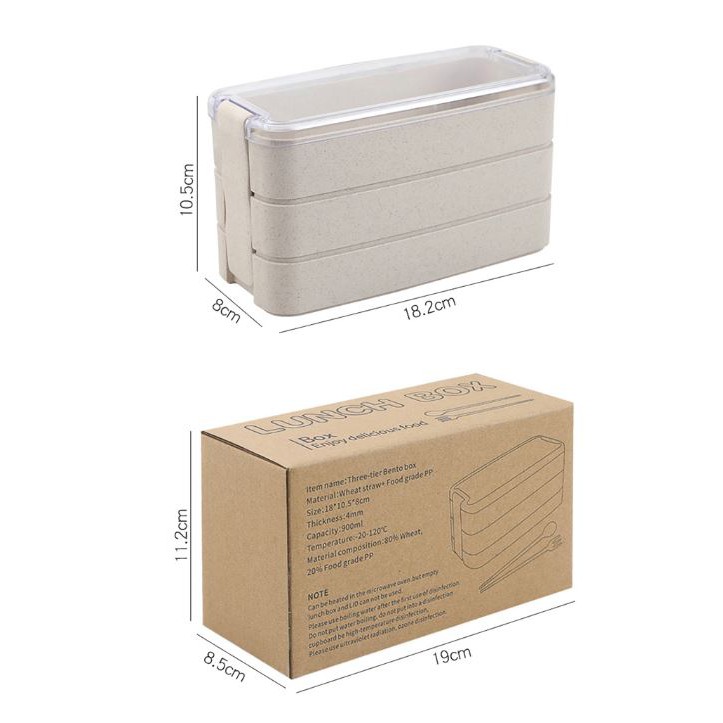 Hộp đựng cơm 3 tầng lúa mạch kèm thìa dĩa.