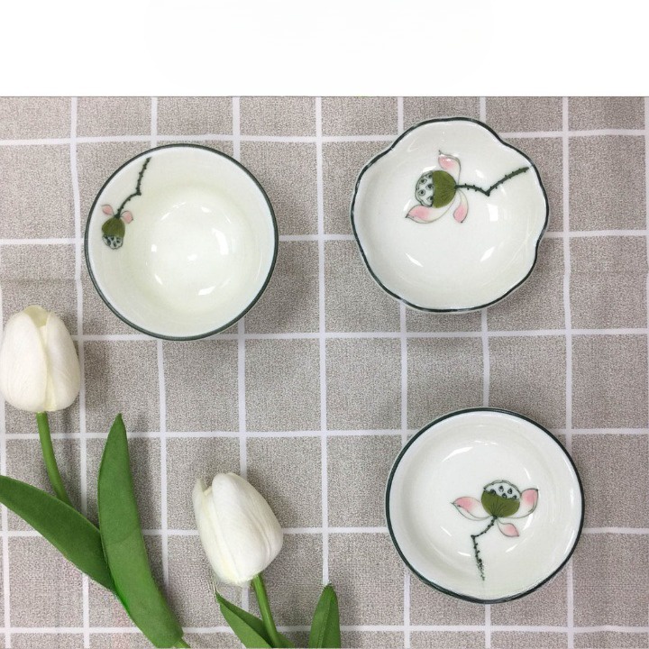 Bát đĩa đựng gia vị, bát mắm, chén chấm sứ Bát Tràng vẽ đài sen cao cấp