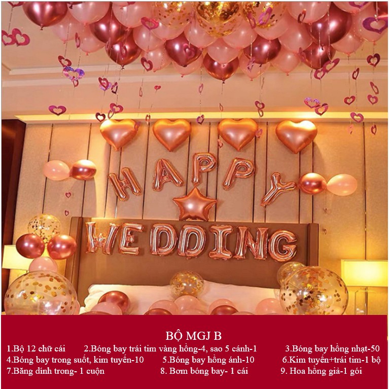 [ TẶNG BƠM VÀ KEO DÁN] Sét Bóng Happy Wedding Trang Trí Phòng Cưới HOT mã BSH C