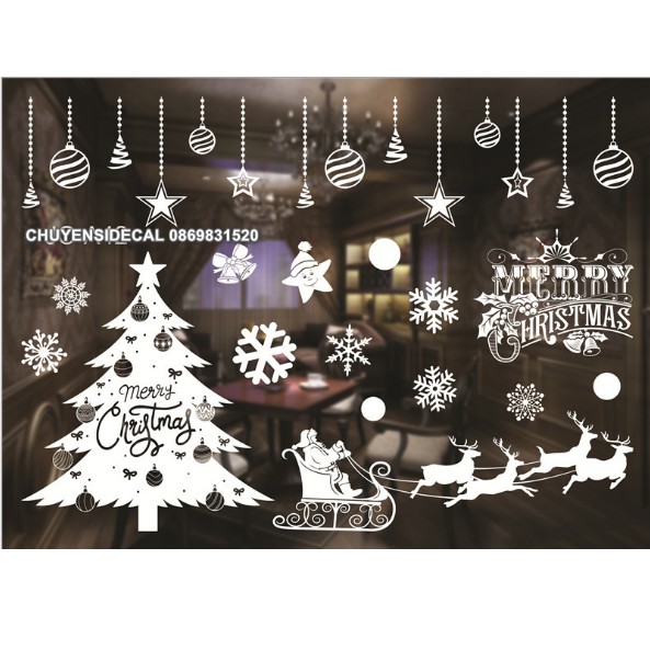 Decal Trang Trí Noel Hai Mặt Hít Tĩnh Điện Không Dơ Kính- Thông Lớn Kèm Chữ Trắng