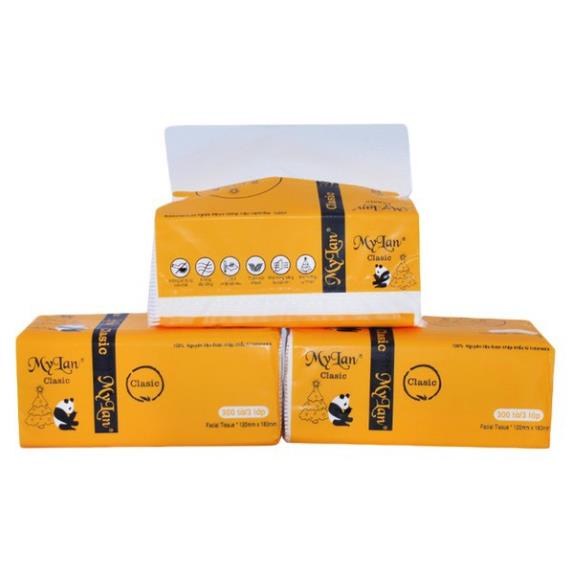 Giấy ăn gấu trúc 3 lớp siêu dai MyLan siêu mềm mịn không tan trong nước 300 tờ/gói, 1 xách 10 gói