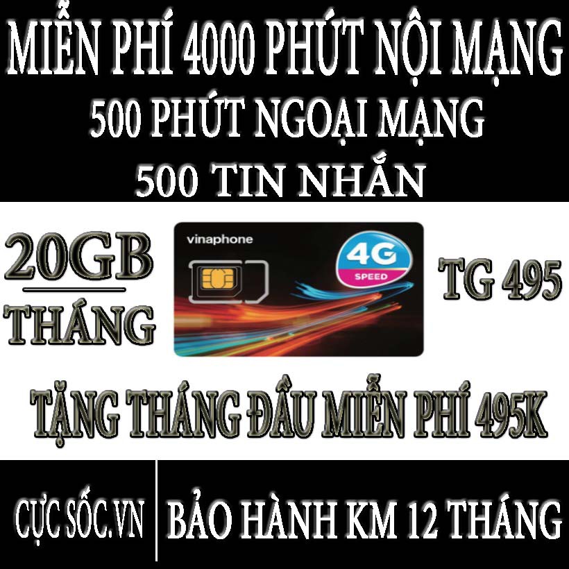 Sim 4G Vina Vinaphone TG495-Tặng 20GB/Tháng + Nghe Gọi,Nhắn Tin Miễn Phí