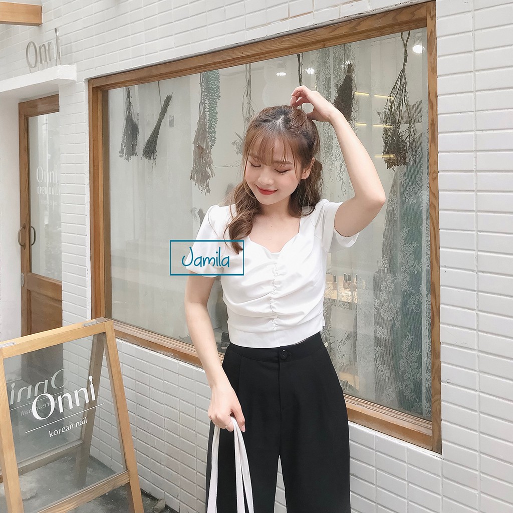 [Đồ thiết kế] Set áo croptop nhúm ngực & quần suông culottes màu đen | BigBuy360 - bigbuy360.vn