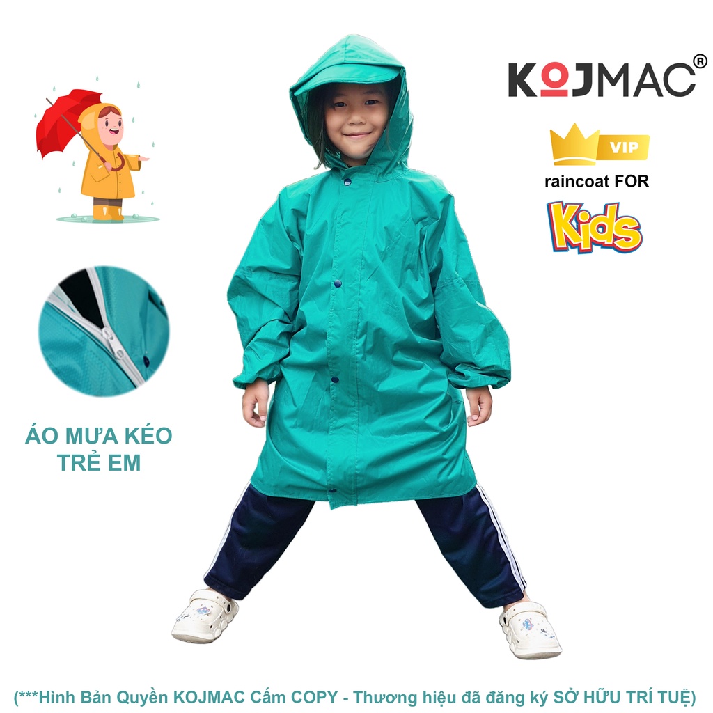 Áo Mưa Trẻ Em Dây Khóa Kéo KOJMAC Raincoat For Kid ( Bộ Quần Áo Liền Thân Cho Bé Học Sinh Balo vải dù da cá .. giá sỉ )