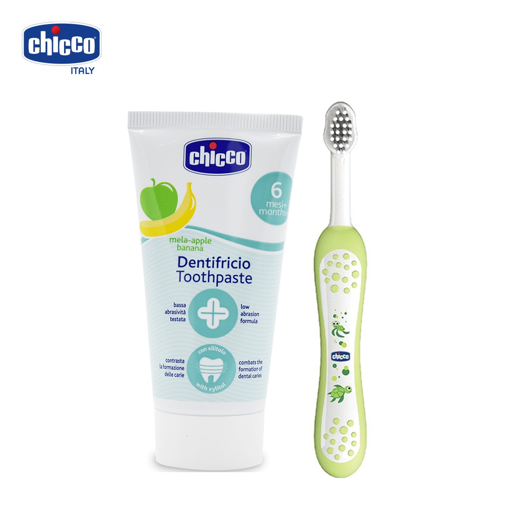 [Tặng quà] Combo Kem đánh răng Chicco hương Chuối - Táo + Bàn chải đánh răng Rùa con Chicco ( Tặng 01 chip cho bé )