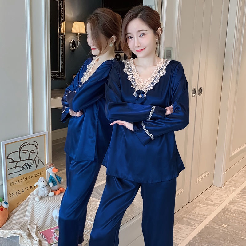 Bộ đồ ngủ tay dài bằng lụa mát thời trang xuân thu hàng mới dành cho bạn nữ mặc ở nhà