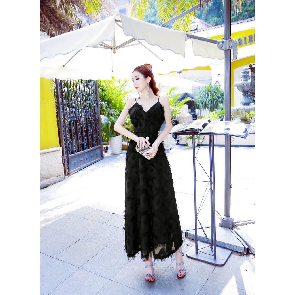 Đầm váy dự tiệc dài 2 dây cổ V lông cotton đen trắng bigsize dạ hội đám cưới giá rẻ đẹp | BigBuy360 - bigbuy360.vn