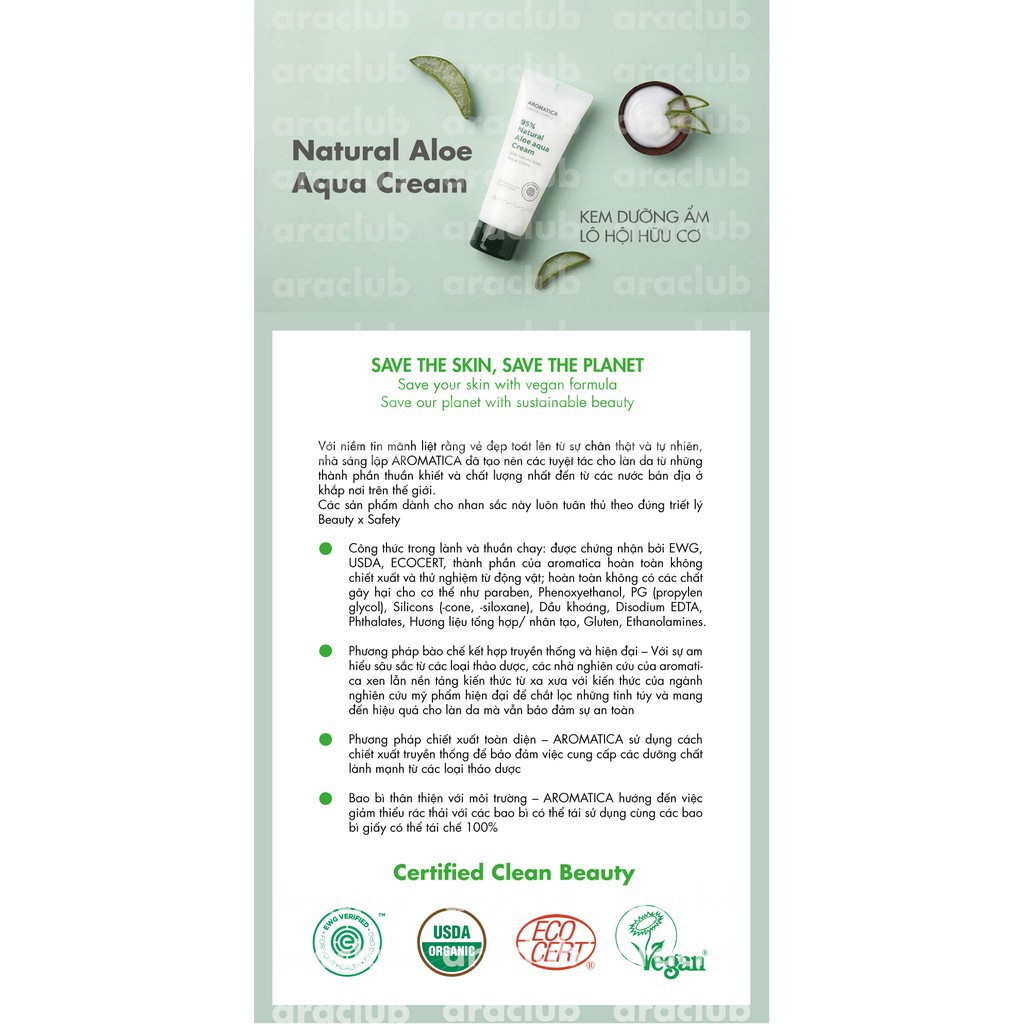 Kem dưỡng ẩm từ Lô Hội Hữu cơ  Aromatica Natural Aloe Aqua Cream