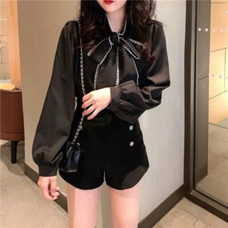áo sơ mi lụa cổ nơ phối ren sang chảnh