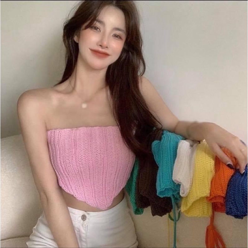 Áo ống kiểu nữ croptop sợi dệt len móc trơn hở lưng - Order taobao quảng châu