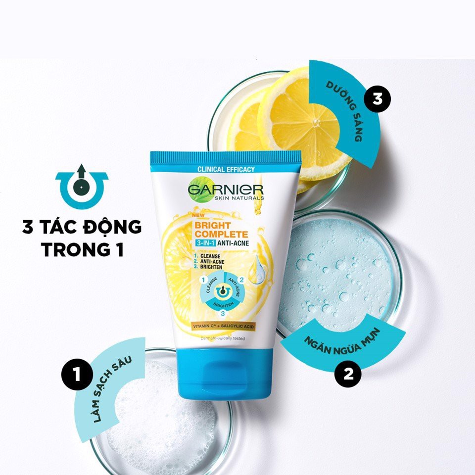 Sữa Rửa Mặt Garnier 3 Trong 1 Giảm Mụn &amp; Sáng Da 90ml Bright Complete 3 in 1 Foam Anti Acne 90ml - 100ml
