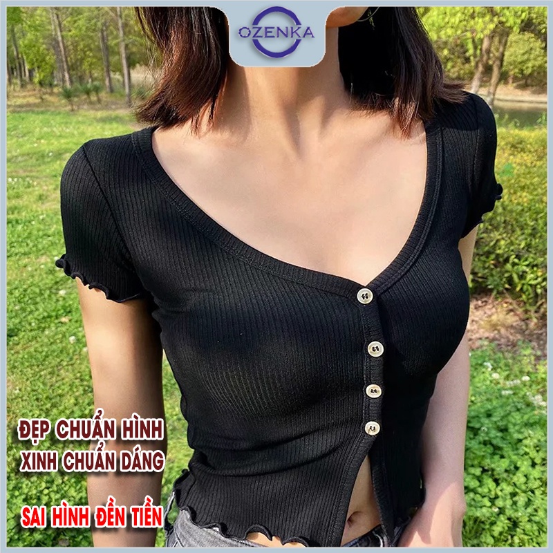 Áo croptop nữ kiểu ôm sexy cổ vuông cài khuy OZENKA , áo crt ngắn tay đẹp thun gân 100% cotton màu đen trắng dưới 55 cân