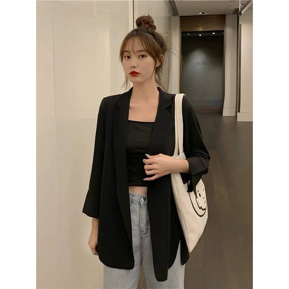 Áo khoác vest không nút xẻ hông màu đen, áo khoác blazer kiểu dáng trẻ trung Hàn Quốc TN1309-Dn